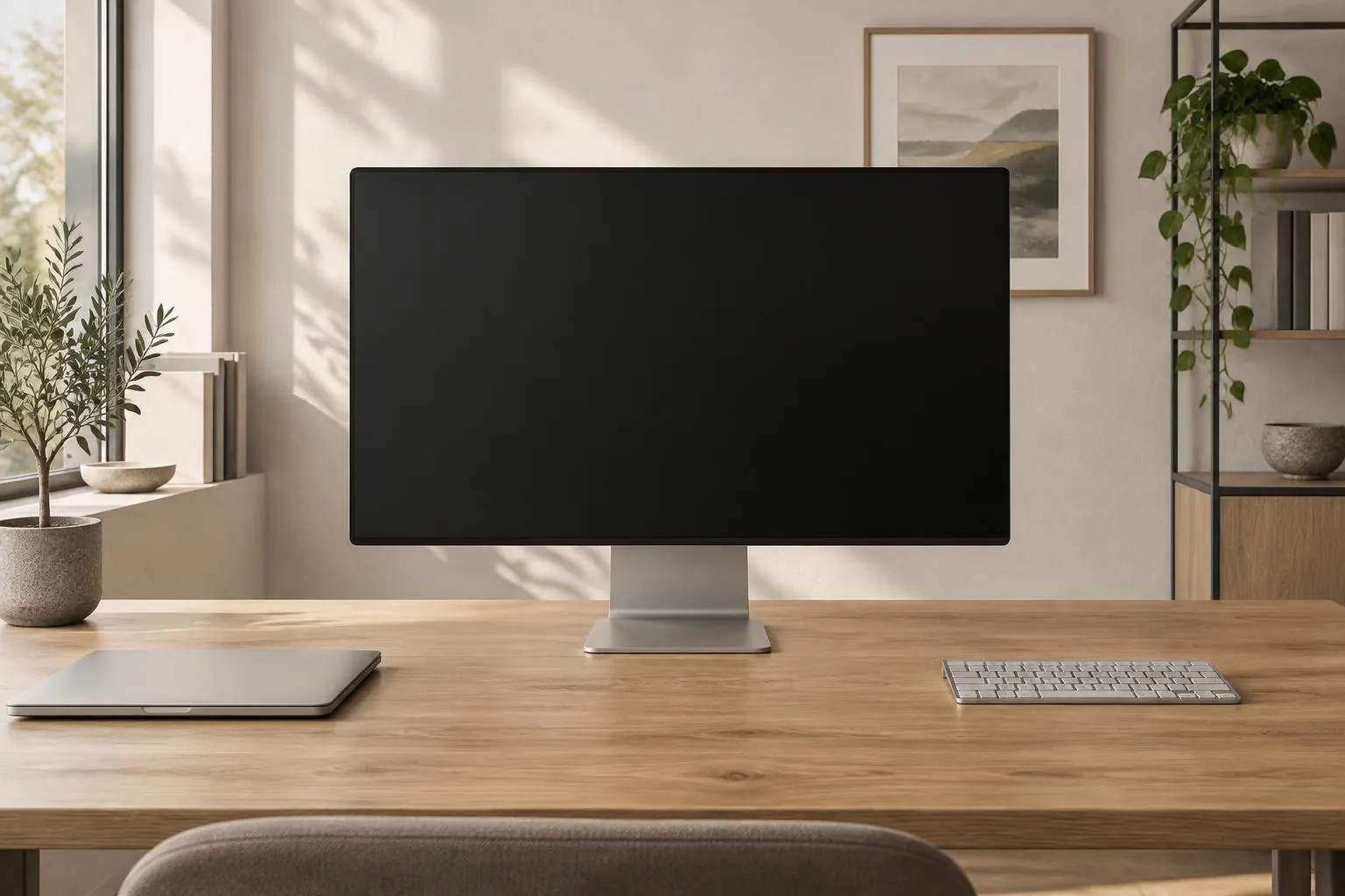Heller Arbeitsplatz mit großem Monitor, Notebook und Tastatur