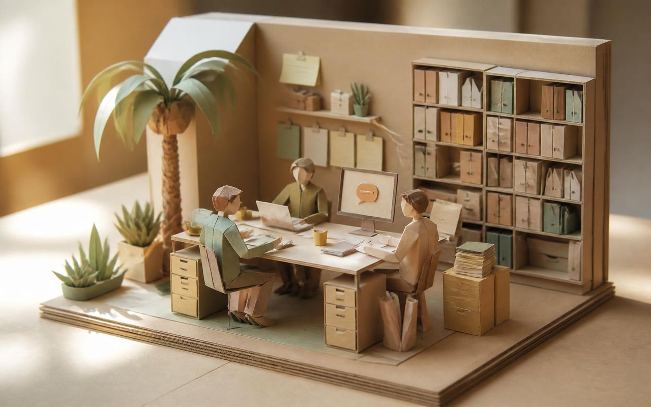 Papercraft-Diorama eines Arbeitsraums: Papier-Schreibtische, Papier-Archiv mit Ordnern und Papierfiguren, die gemeinsam arbeiten.