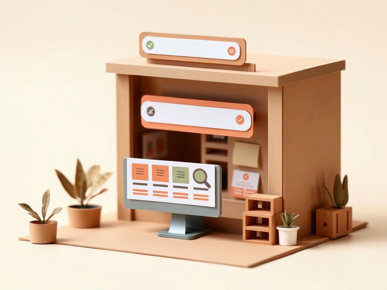 Papercraft-Diorama: kleiner Betrieb mit Papier-Monitor, der eine digitale Arbeitsfläche mit strukturierten Kundenanfragen zeigt.