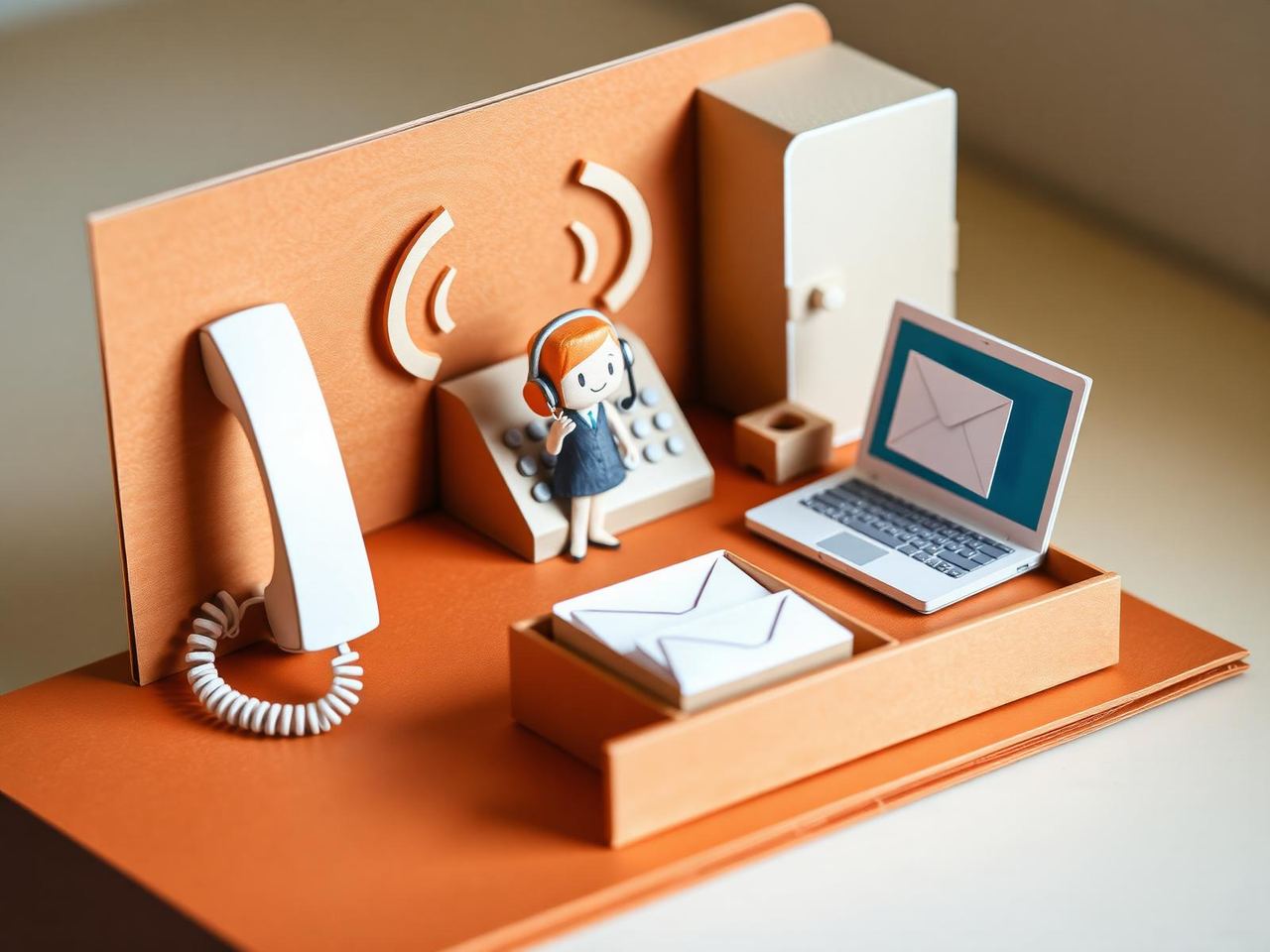 Papercraft-Diorama: klingelndes Papier-Telefon, kleine Assistenz-Figur mit Headset, Papier-Laptop mit Chat-Blase und Posteingang.